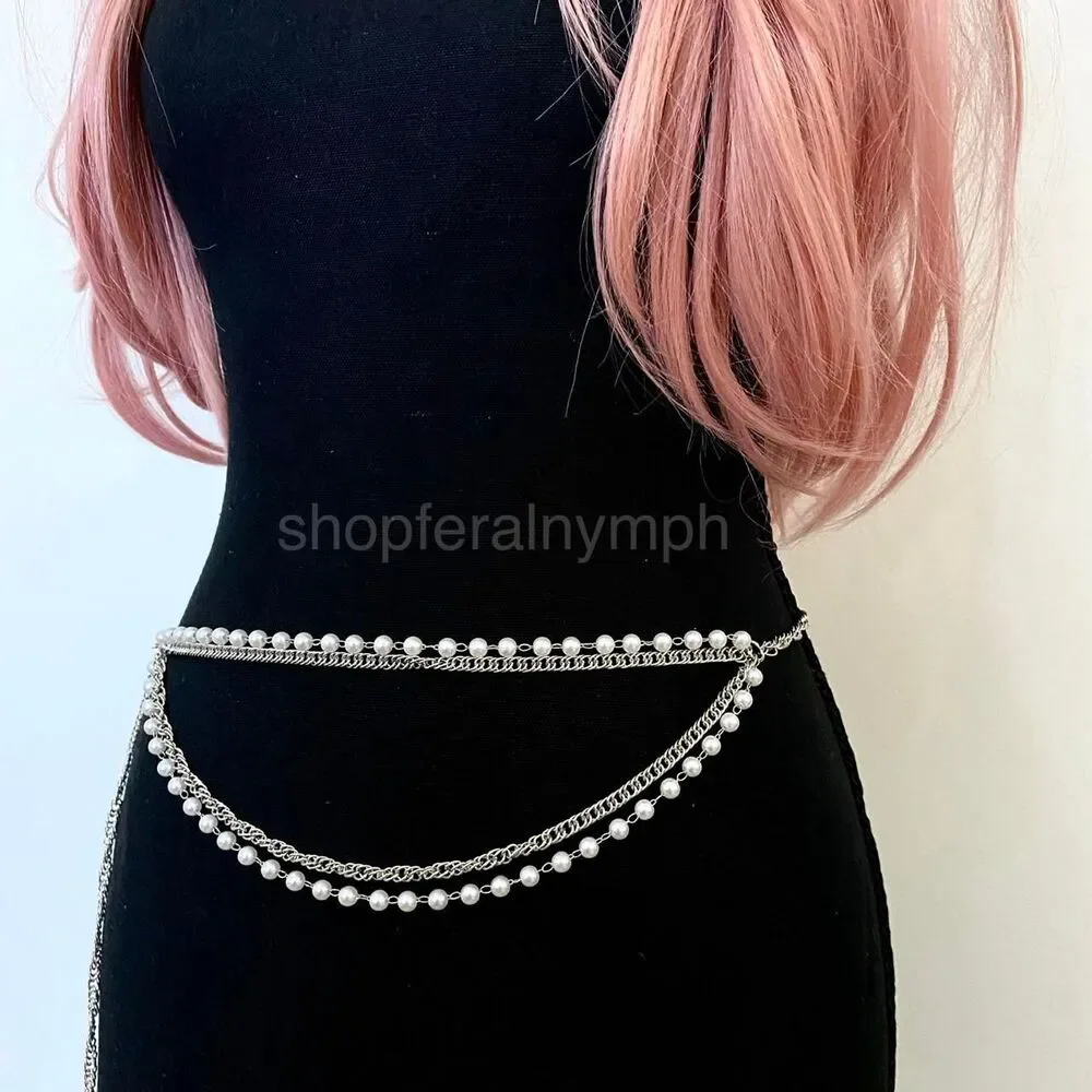 Silver Layered Faux Pearl Draped Waist Chain Belt, Fits 11-39 Inches, X7GA1346